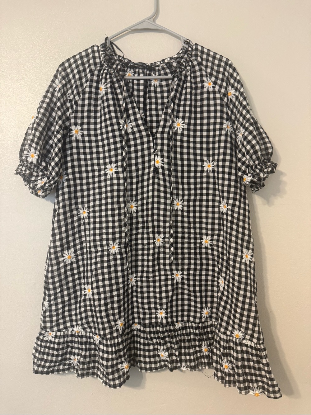 Zara Black & White Gingham Dress with Daisy Embroidery
